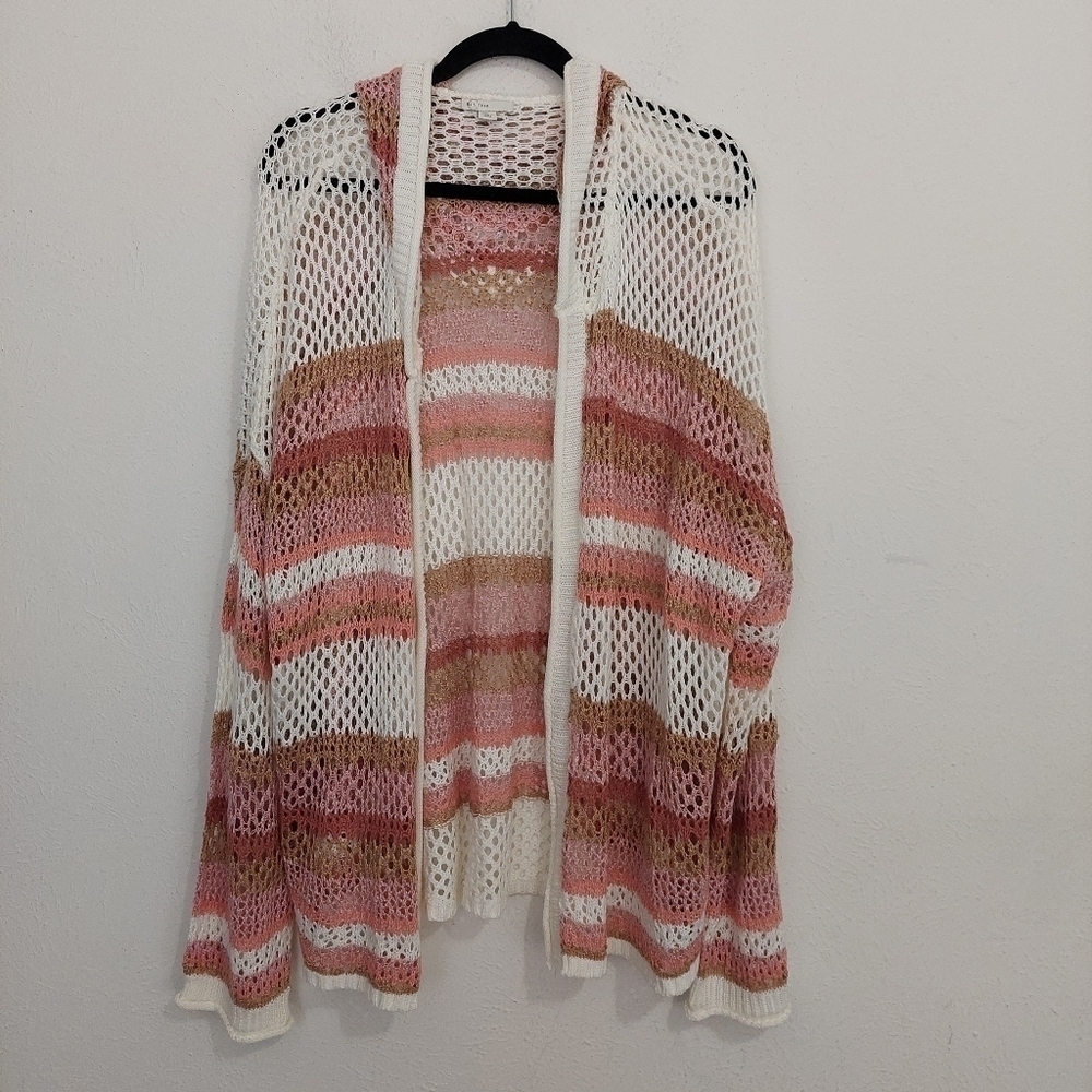 C Est 1946 Spring Awake Rose Mauve White Hooded Crochet Open Knit Cardigan 26/28